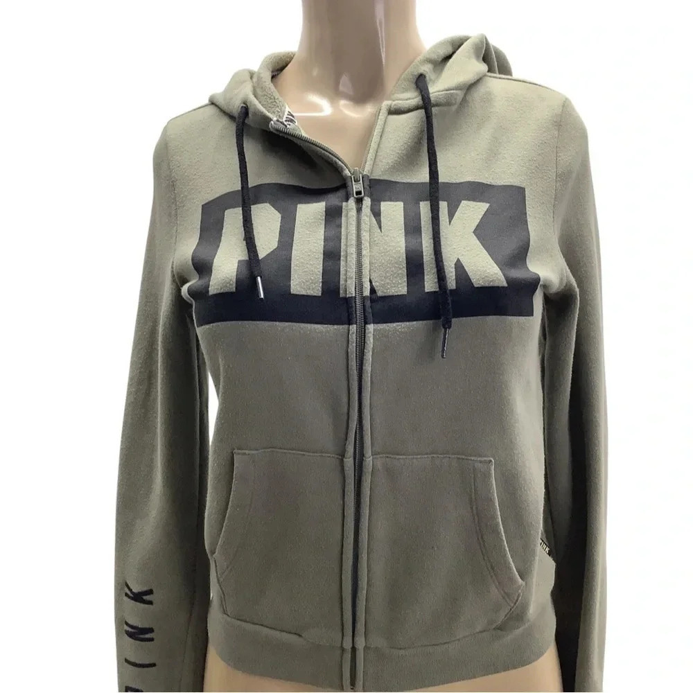 Pink Women’s Size XS Olive Green Zip Up Hoodie With Pockets (Preowned)